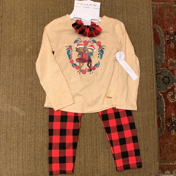 Tahari Girls 4t Christmas Set Top Pants & scrunchie NEW - Picture 2 of 6